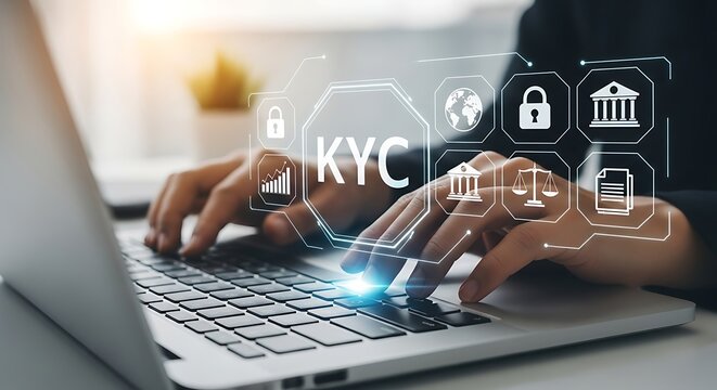 A woman uses her laptop to complete a kyc process