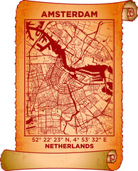 Obraz premium map art Amsterdam, Netherlands with coordinates. map poster old parchment paper scroll sheet vintage aged and texture, Historical vintage scrolls treasure map concept. poster design map ancient