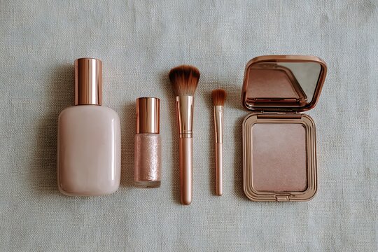 A pastel pink and rose gold cosmetic set includes bottles, brushes, and a compact mirror. Arranged flat on a neutral cloth, each item reflects a different level of shine and finish - Powered by Adobe