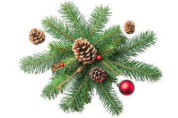Festive pine sprig with pinecones and red berries isolated on transparent background