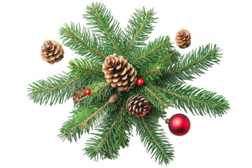 Festive pine sprig with pinecones and red berries isolated on transparent background