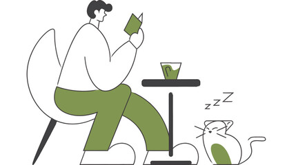 A Man Reading A Book Indoor At A Cafe With A Cat While Drinking Matcha Vector Flat Illustration