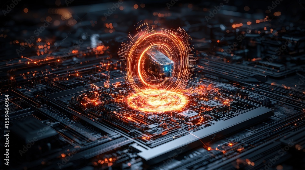 Poster futuristic scanner revealing layers of glowing technology digital landscape 3d visualization high-te