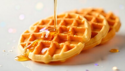 Fresh waffles are drizzled with sweet golden syrup, delicious breakfast treat for a morning indulgence.