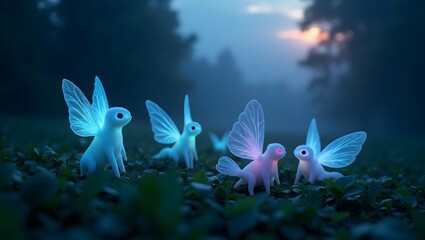 Enchanting glowing fairy creatures with translucent wings gather in a mystical forest at twilight