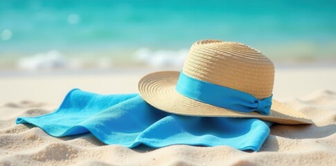 Folded blue towel, sunhat on sand, beach setting, towel, bright, travel