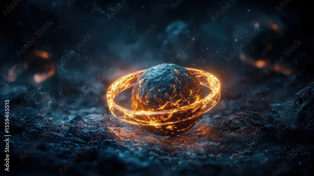 Poster dynamic cosmic sphere surrounded by fiery halo ethereal digital art in a futuristic atmosphere