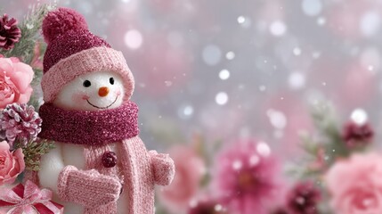 Obraz premium Festive snowman in pink attire with flowers and pine cones, set against a snowy, blurred background.