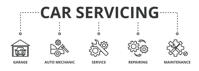 Car servicing banner vector illustration concept with icon of garage, auto mechanic, service, repairing and maintenance