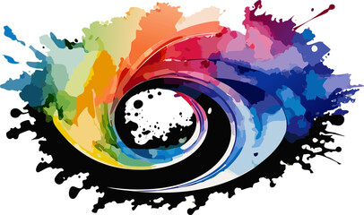 Abstract artwork composed of colorful ink splashes. The image features a swirling pattern of vibrant colors and paint spatters