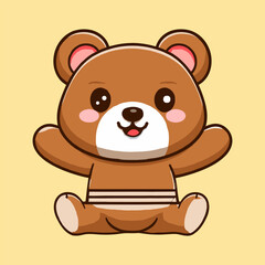 Adorable cartoon brown bear character sitting with open arms and a cheerful expression, inviting hugs or welcome. Cute animal concept