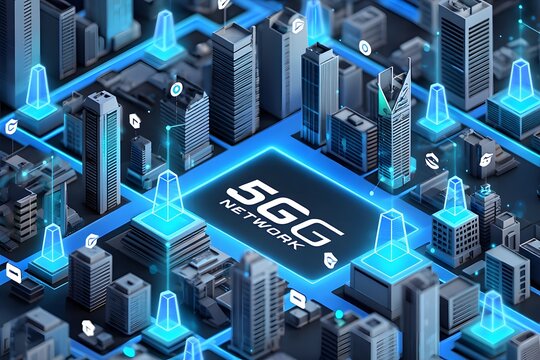 Futuristic 5g network connecting abstract city buildings with glowing blue lights