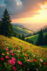 Golden hour illuminates rolling hills, towering trees, wildflowers bloom, heat, wildlife