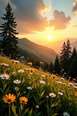 Golden hour illuminates rolling hills, towering trees, wildflowers bloom, idyllic, june, countryside