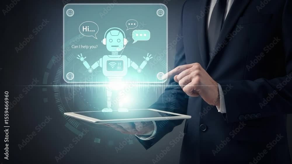 Poster Doctor in lab coat holding tablet with ai chatbot interface asking can i help you overlayed on screen