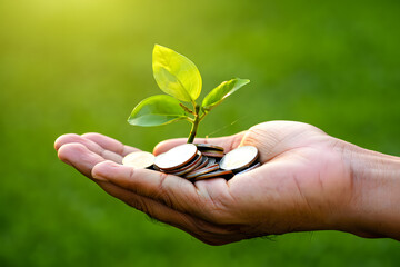 Hand holding coins with a growing plant sprout; financial growth concept; green background; hopeful, optimistic mood.