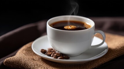 Obraz premium A steaming cup of black coffee in a white cup and saucer, with coffee beans on a burlap sack, set against a dark background.