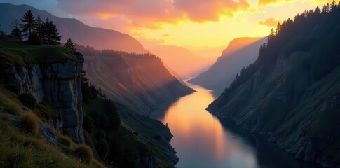 Golden hour light paints basalt cliffs, mist rises over Columbia River , nature, photography