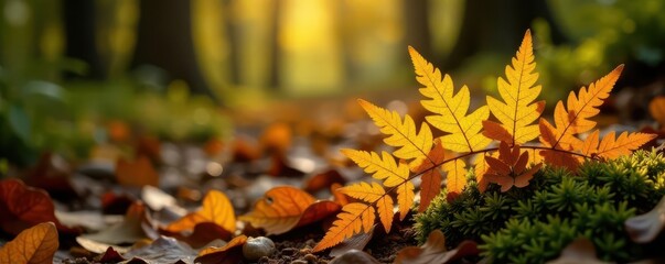 Golden-hued fern frond, autumnal forest floor , crisp, close-up