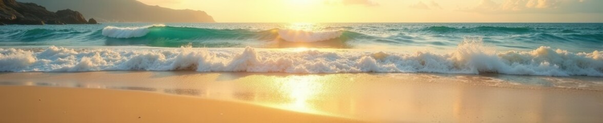 Golden sand meets Pacific waves, sun-drenched shore , light, landscape, horizon