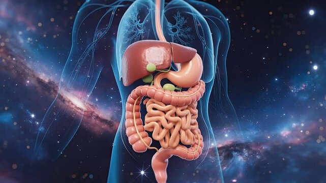 Human digestive system 3 d animation against nebula background