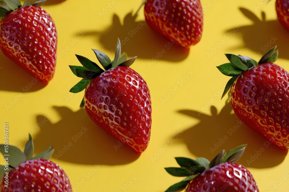 Wall mural fresh strawberries with green leaves arranged on a vibrant yellow background, casting distinct shado