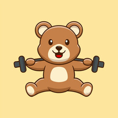 Cartoon bear lifting dumbbells with a cheerful expression, set against a light yellow background.
