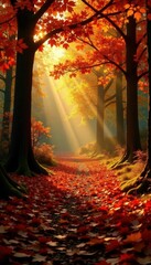 Golden sunlight bathes diverse autumn trees, vibrant leaves carpet forest floor, november, nature photography
