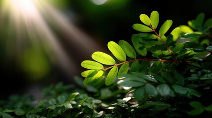 Sunlight filters through lush green leaves, creating a serene and vibrant natural scene in a forest setting.