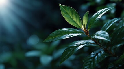 Obraz premium Sunlight illuminates vibrant green leaves against a dark, blurred background, highlighting the delicate veins and natural beauty of the foliage.