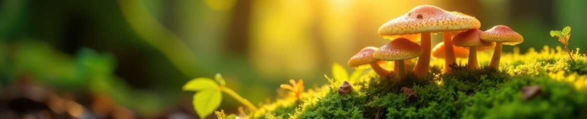 Golden sunlight illuminates cluster of mushrooms emerging from lush green moss,  organic,  environment