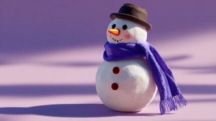 Obraz premium A cheerful snowman with a purple scarf and hat stands against a pink background, casting a soft shadow in the winter sunlight.