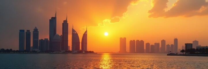 Golden sun rays illuminate Dubai's skyscrapers at dawn , beautiful, morning