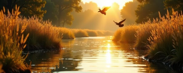 Golden sunlight illuminating river reeds, birds in flight over crystal clear water, environment, wildlife, flight
