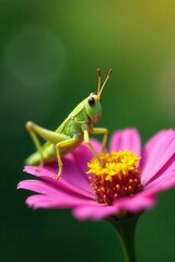 Green grasshopper perched on vibrant spring flowers , spring, nature, season