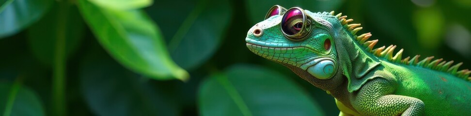Green iguana, mirrored sunglasses, tropical leaves, jungle, leaves, bright colors