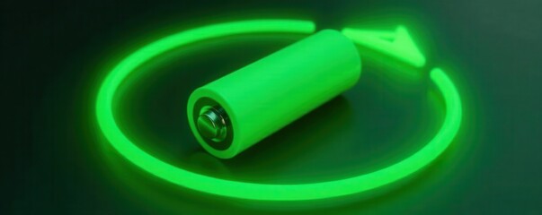 Green circular arrow encompassing lithium-ion battery cell , technology, symbol, waste