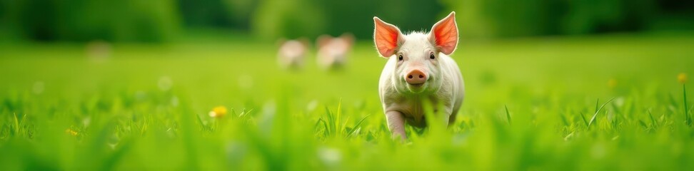 Happy pig in lush green field, other pigs in distance , playful, vibrant, livestock