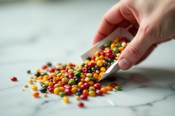 Hand releasing packet contents of colorful seeds onto polished marble, seed packet, vibrant