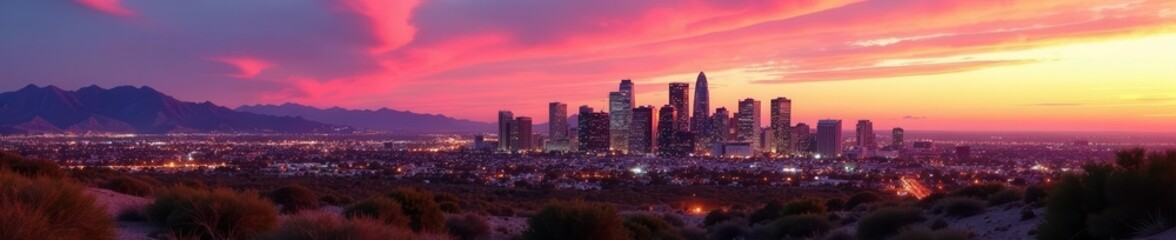 Iconic Phoenix skyline, vibrant cityscape, Arizona desert backdrop , mountains, city, desert