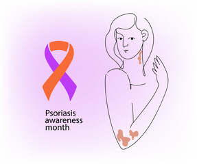 Psoriasis awareness month concept with woman having skin patches. Health month. Global skin disorder awareness. International disease concept.Linear  png vector illustration.