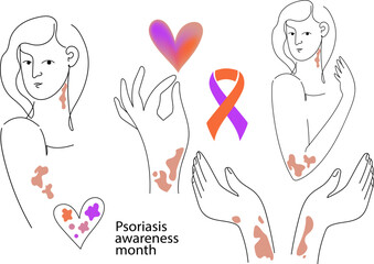 Psoriasis awareness month concept with woman having skin patches. Health month. Global skin disorder awareness. International disease concept.Linear  png vector illustration.