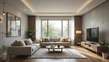 Bright interior of a modern living room with a large window, featuring natural light, cozy decor, stylish furniture, and peaceful home design for serene ambiance

