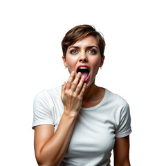 Surprised young woman showing astonishment with hand on mouth in casual white shirt against dark background