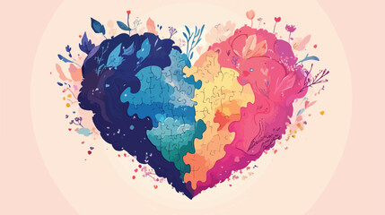 Autism Puzzle Heart Shaped Flat Vector Illustration