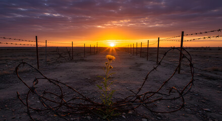 Dandelion on the road in the military special area at sunset