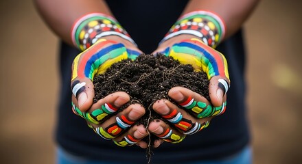 Colorful Hands Holding Soil A Symbol of Earth's Bounty and Cultural Heritage