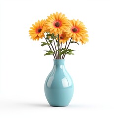 Bright Yellow Gerbera Daisies in a Teal Vase on White