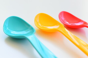 colorful spoon isolated on white background, plastic cutlery for picnic