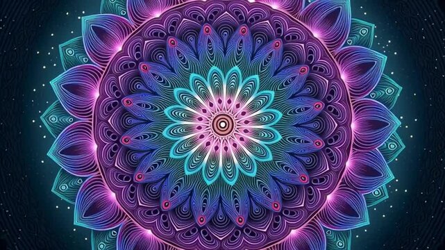 Glowing Mandala Teal Purple Pink Geometric Pattern on Dark Background